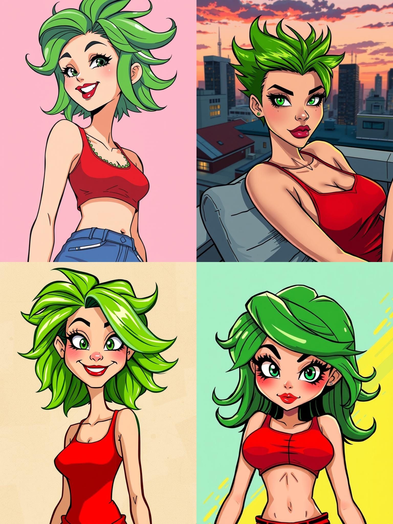 Cartoon Woman with Green Hair and Red Top
