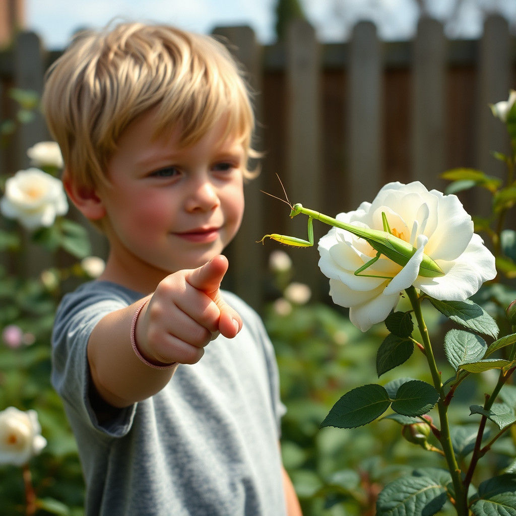 Boy Reaches for Praying Mantis in Garden