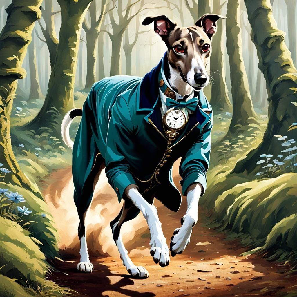 Dapper Greyhound in Wonderland Forest with Pocket Watch