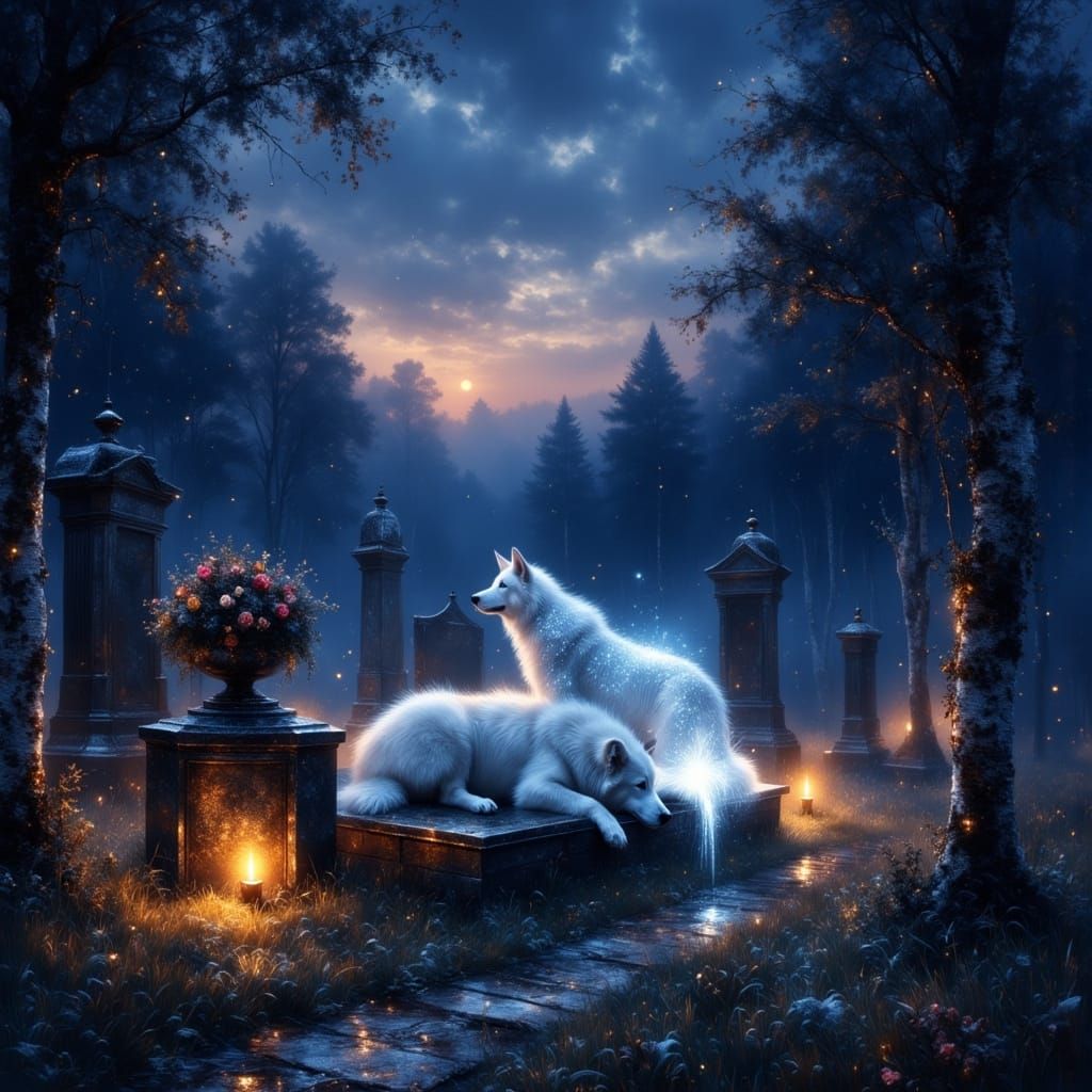Sorrowful Dog in Cemetery with Ghostly Owner