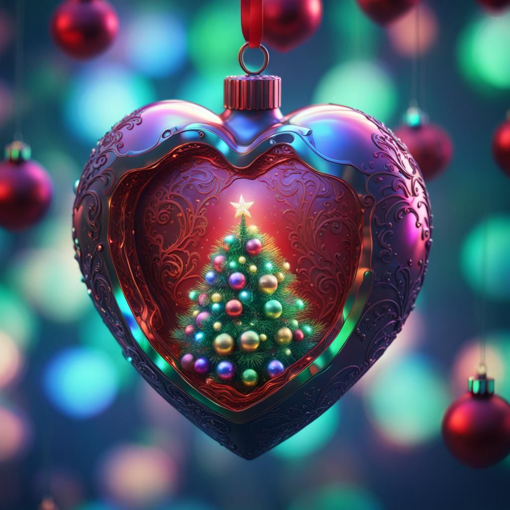 Holographic Heart Bauble with Christmas Tree Art