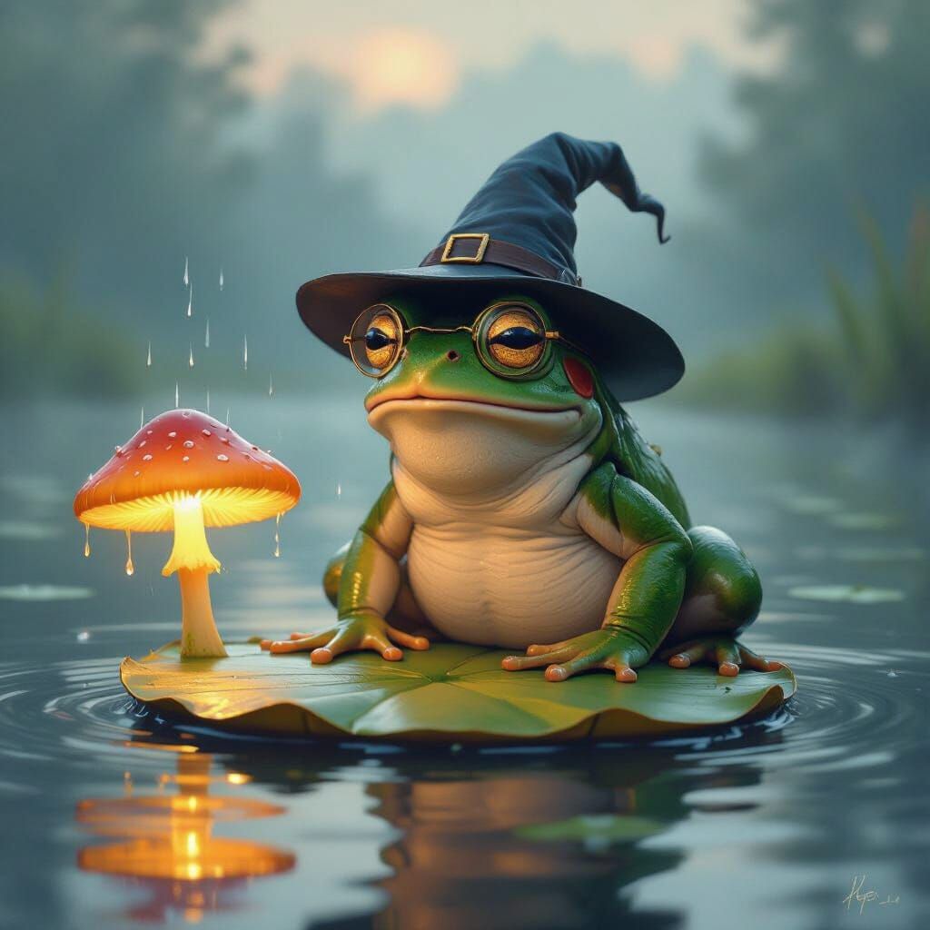 Wise Frog Wizard Levitates Lily Pad with Glowing Mushroom