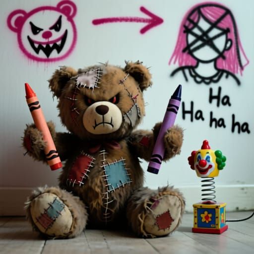 Evil Teddy Bear with Crayons and Graffiti