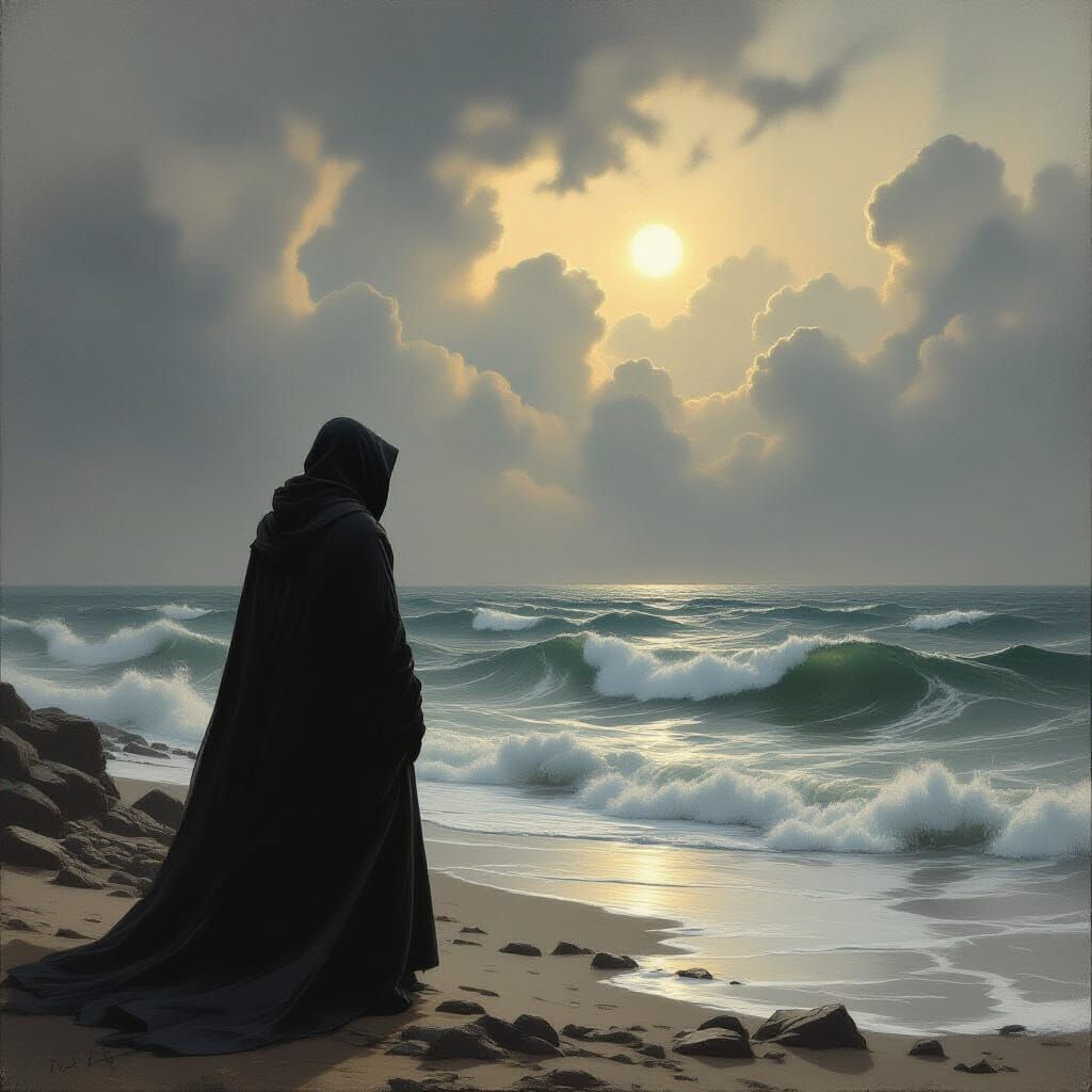 Melancholy Figure Gazing at Stormy Ocean, Romantic Landscape