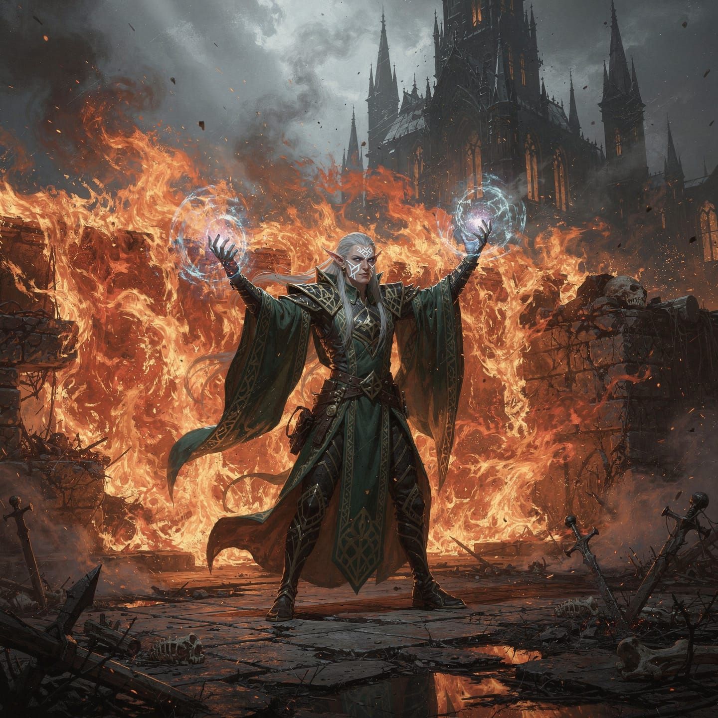 Elven Mage Unleashes Fiery Wall in Dark Fantasy