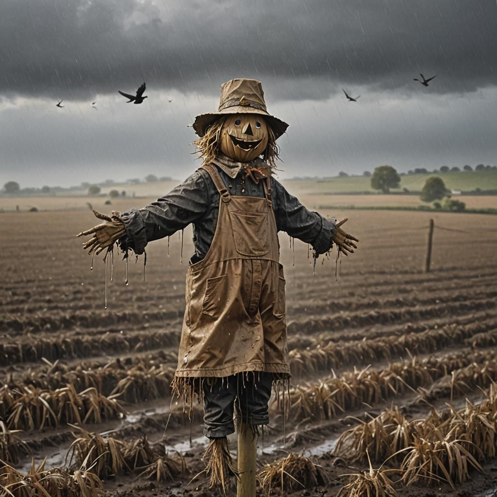 Rainy Day Scarecrow in Windswept Field