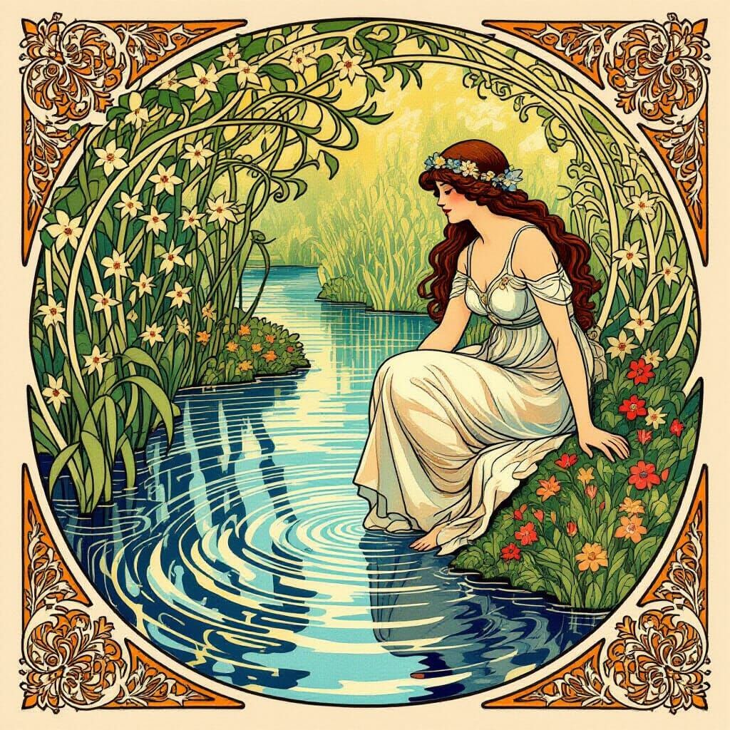 Art Nouveau Water Flow with Floral Patterns
