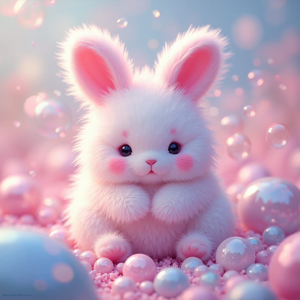 Pastel Kawaii Bunny with Shimmering Soap Bubbles