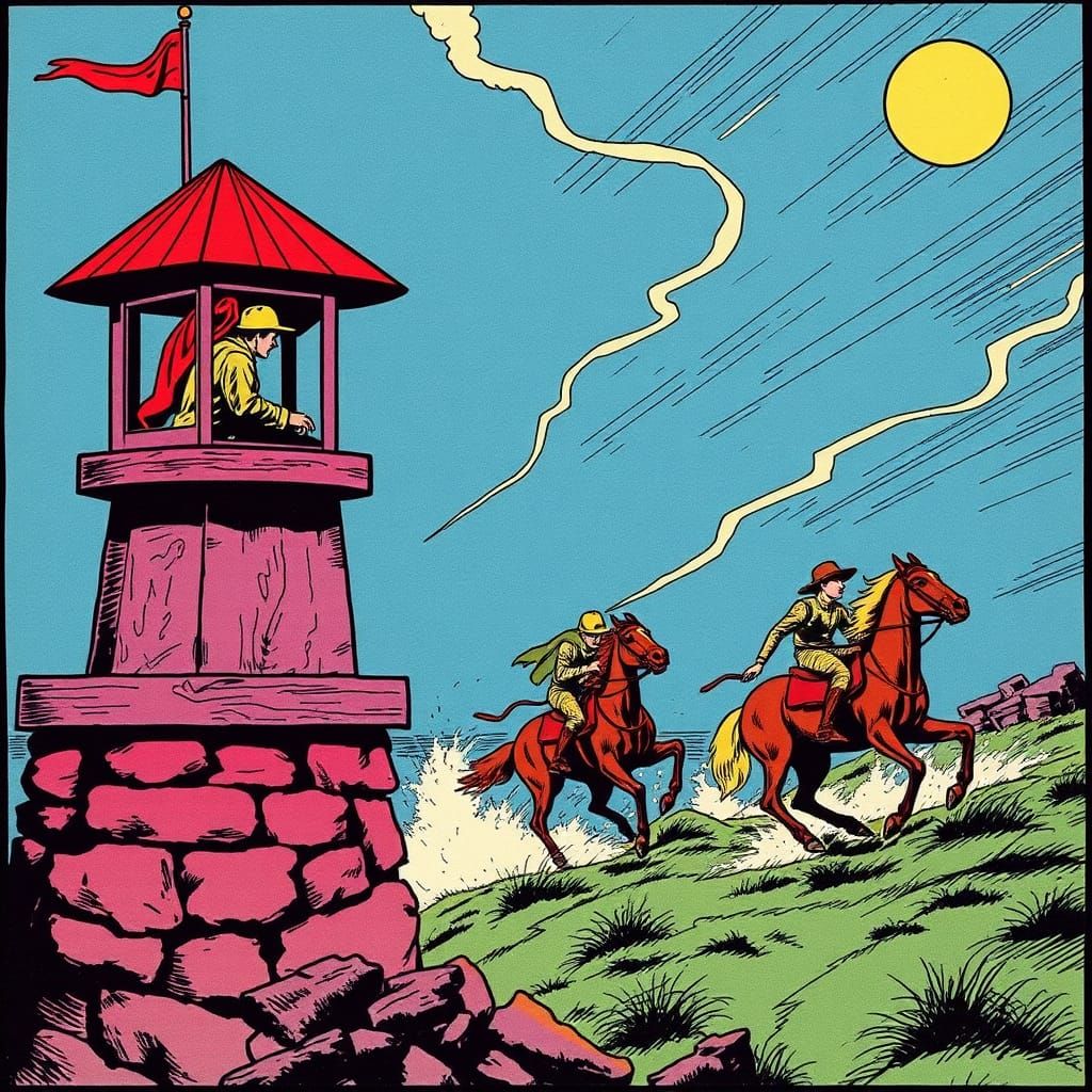 Comix Riders Approaching Watchtower in 1960s Style