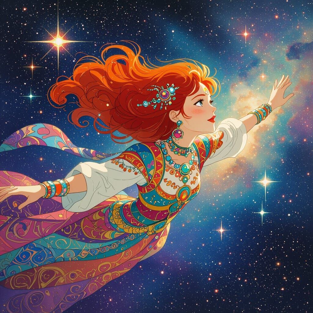 Woman with Red Hair Soaring Through Nebula