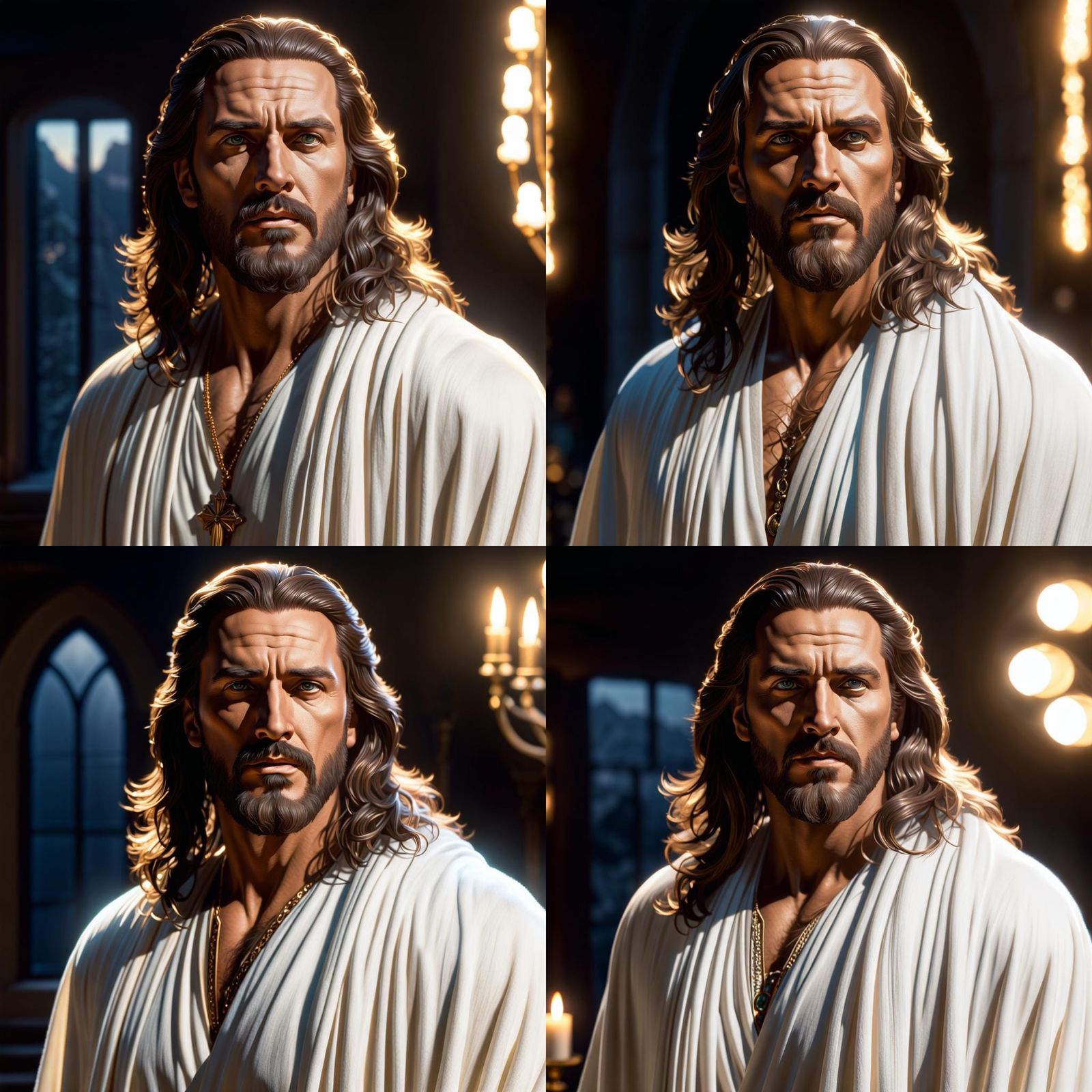Jesus Christ stands for you against all Evil,strikingly Handsome man long flowing hair, glimmering eyes,clothed in a wh...