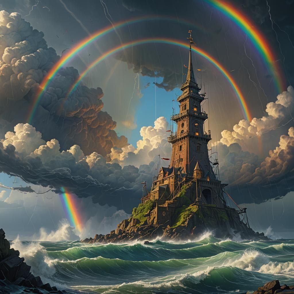Rainbow Tower Over Stormy Sea: Fantasy Concept Art