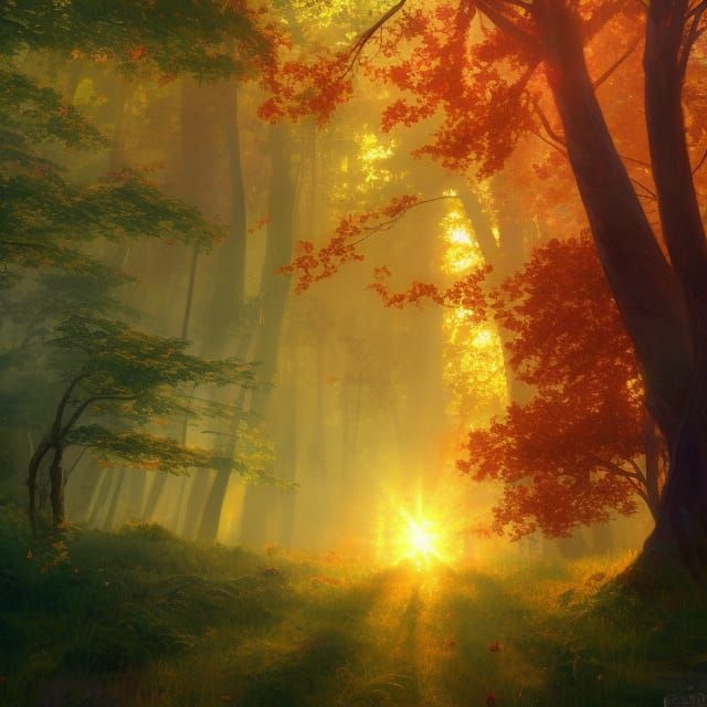 Colorful Forest with Sun Rays, Hyperdetailed Art