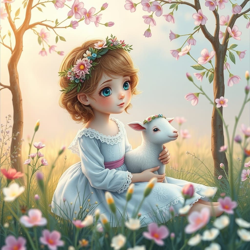 Pastel Woodland Girl with Lamb in Watercolor Style