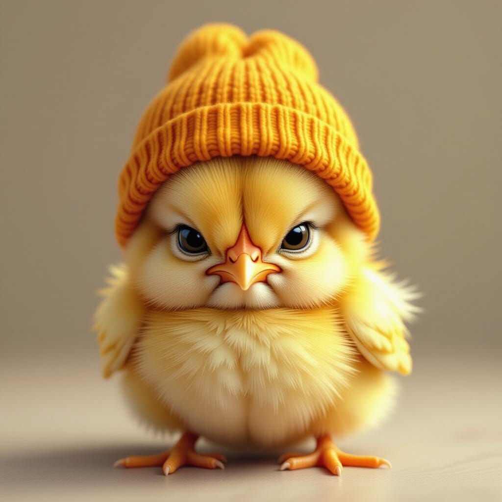 Frowning Baby Chicken with Beanie, Photorealistic Illustrati...