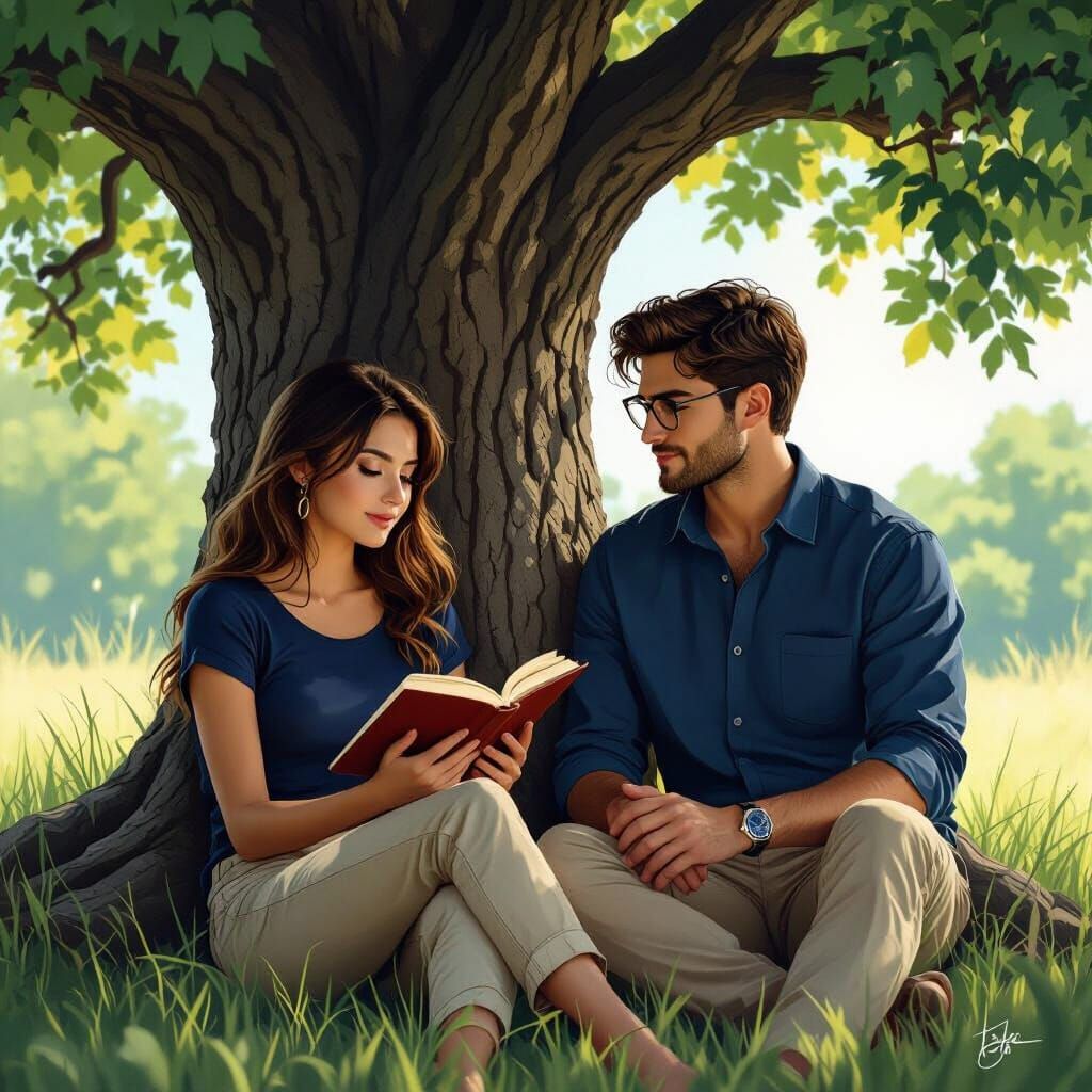 Young Woman Reads Book With Affectionate Professor Under Tre...