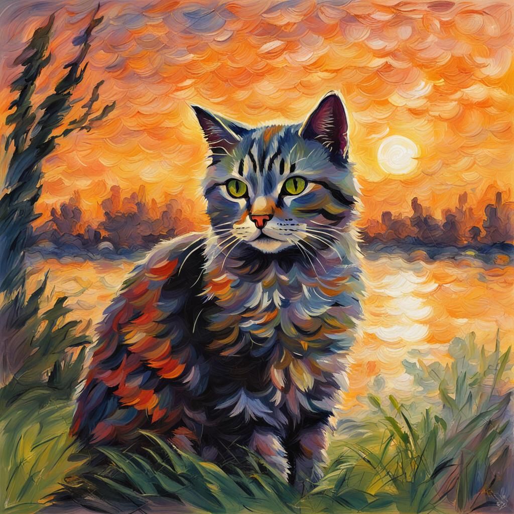 Cat at Dawn in Impressionistic Style