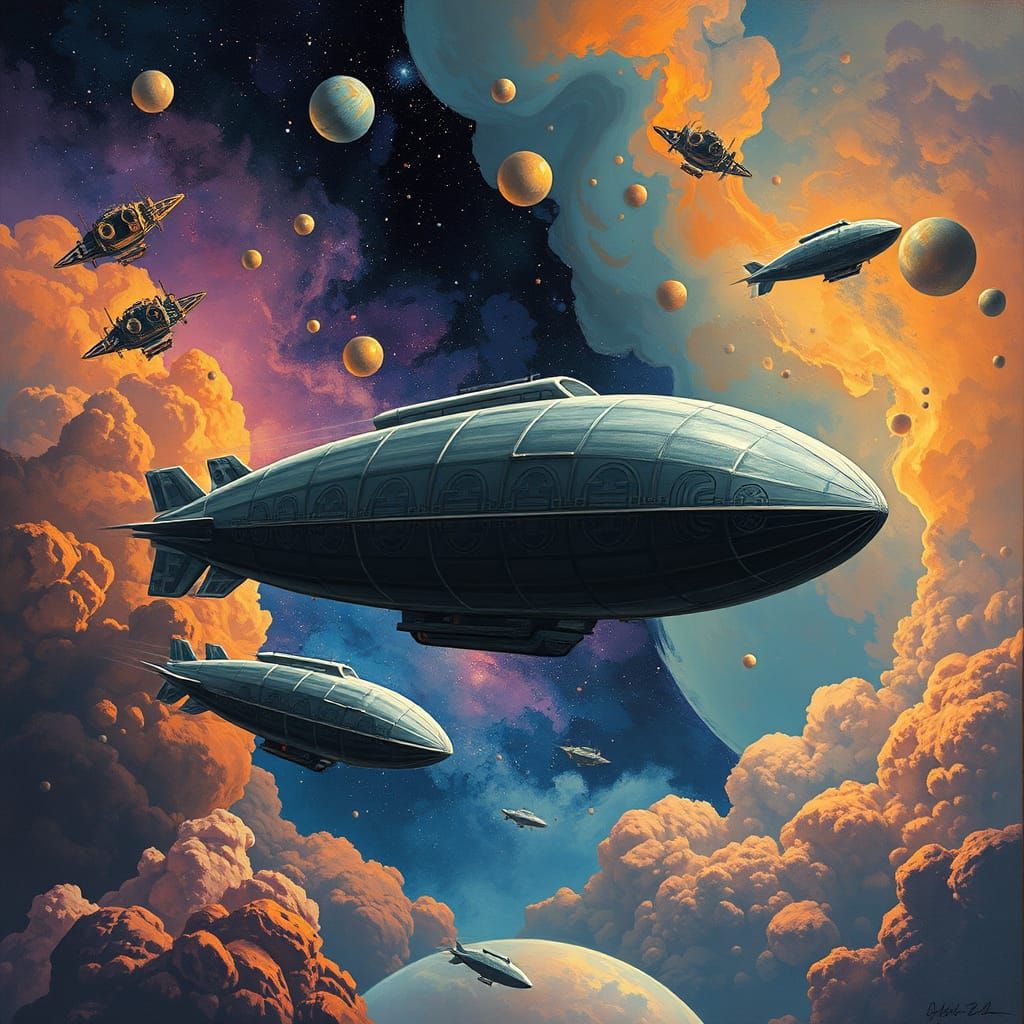 Airships Sail through a Vibrant Nebula in a Dreamlike Art De...