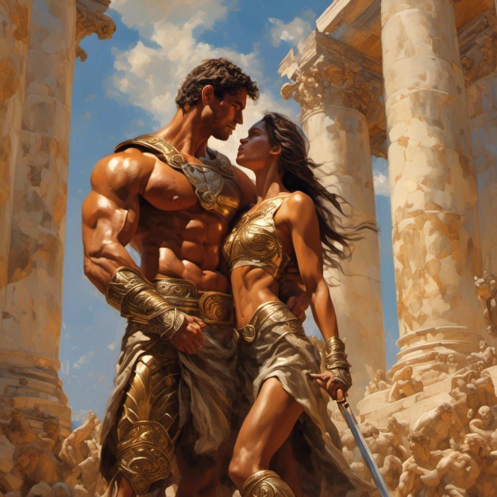 Roman Gladiator Kiss in Golden Light