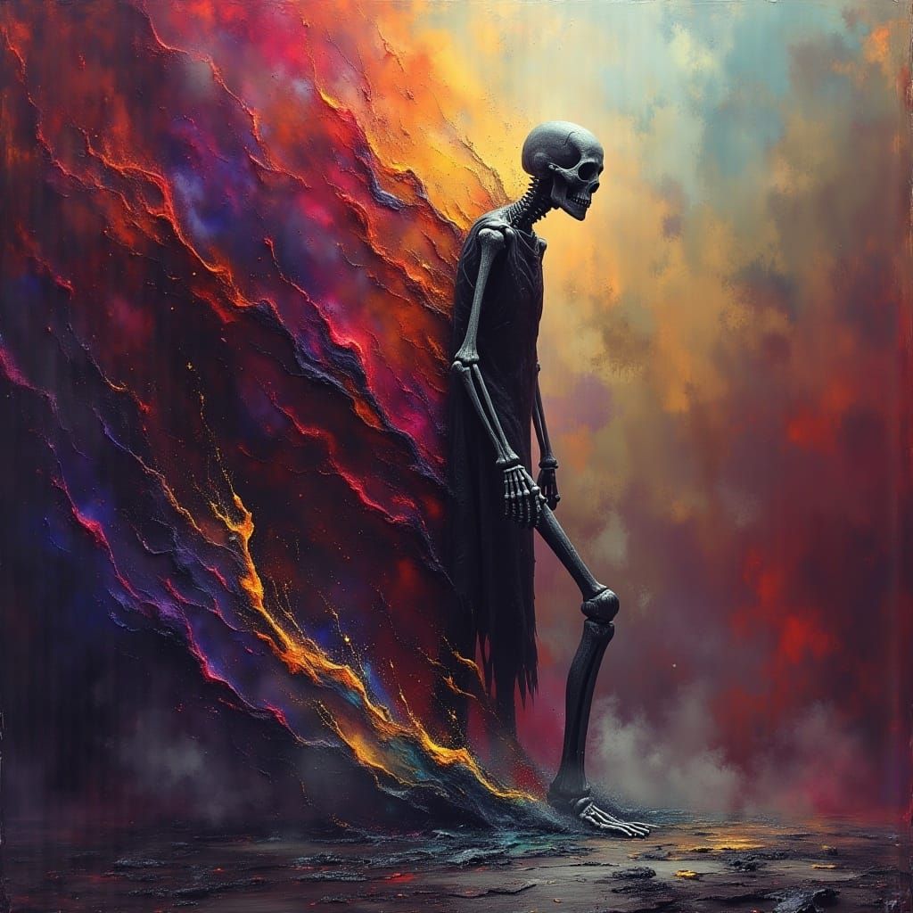 Skeleton Emerges from Oil Storm, Dark Fantasy Art