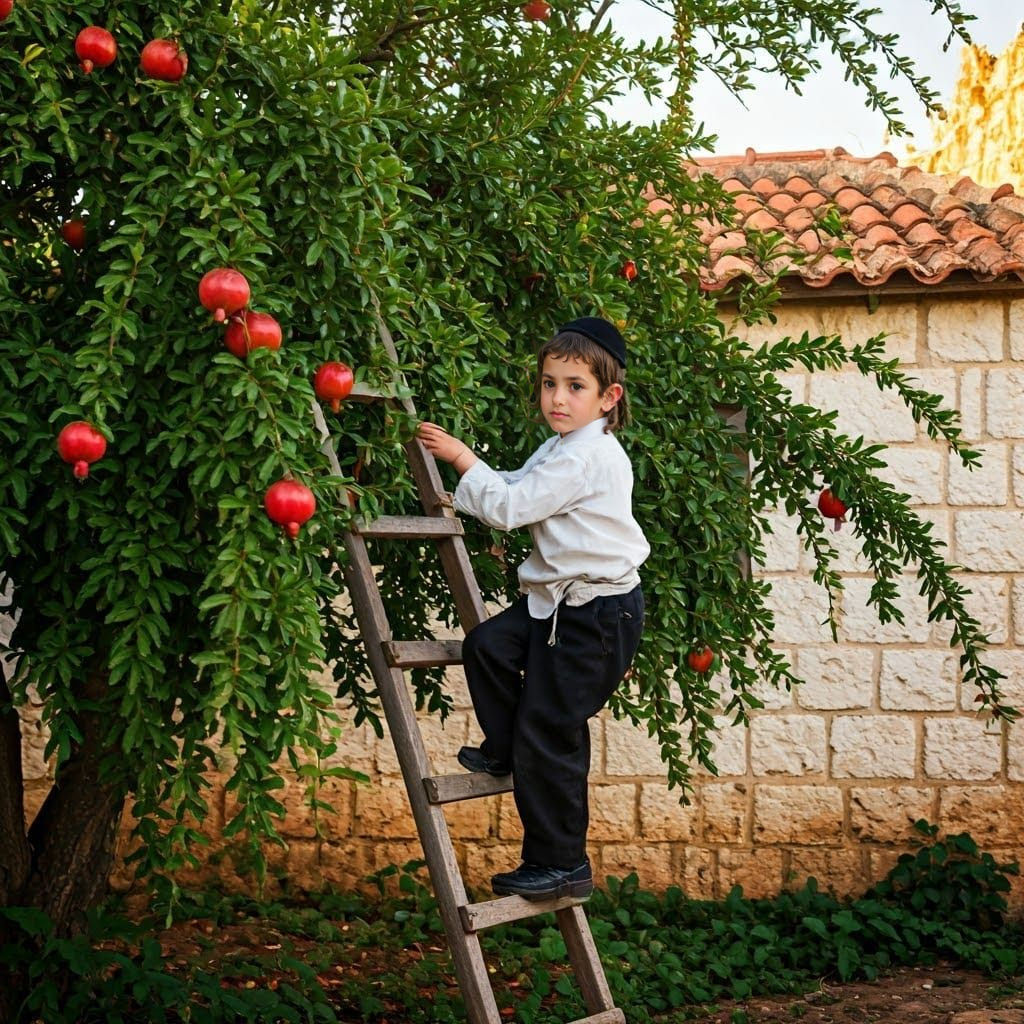 Orthodox Boy Climbs Pomegranate Tree Against Rustic Countrys...