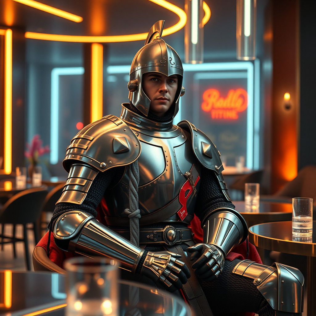 Medieval Knight in Modern Cafe: Cinematic Film Still