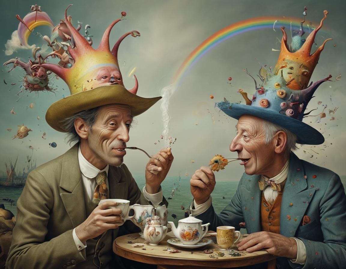 Cartoon Figures Enjoy Tea in Cyberpunk Guitar Starship