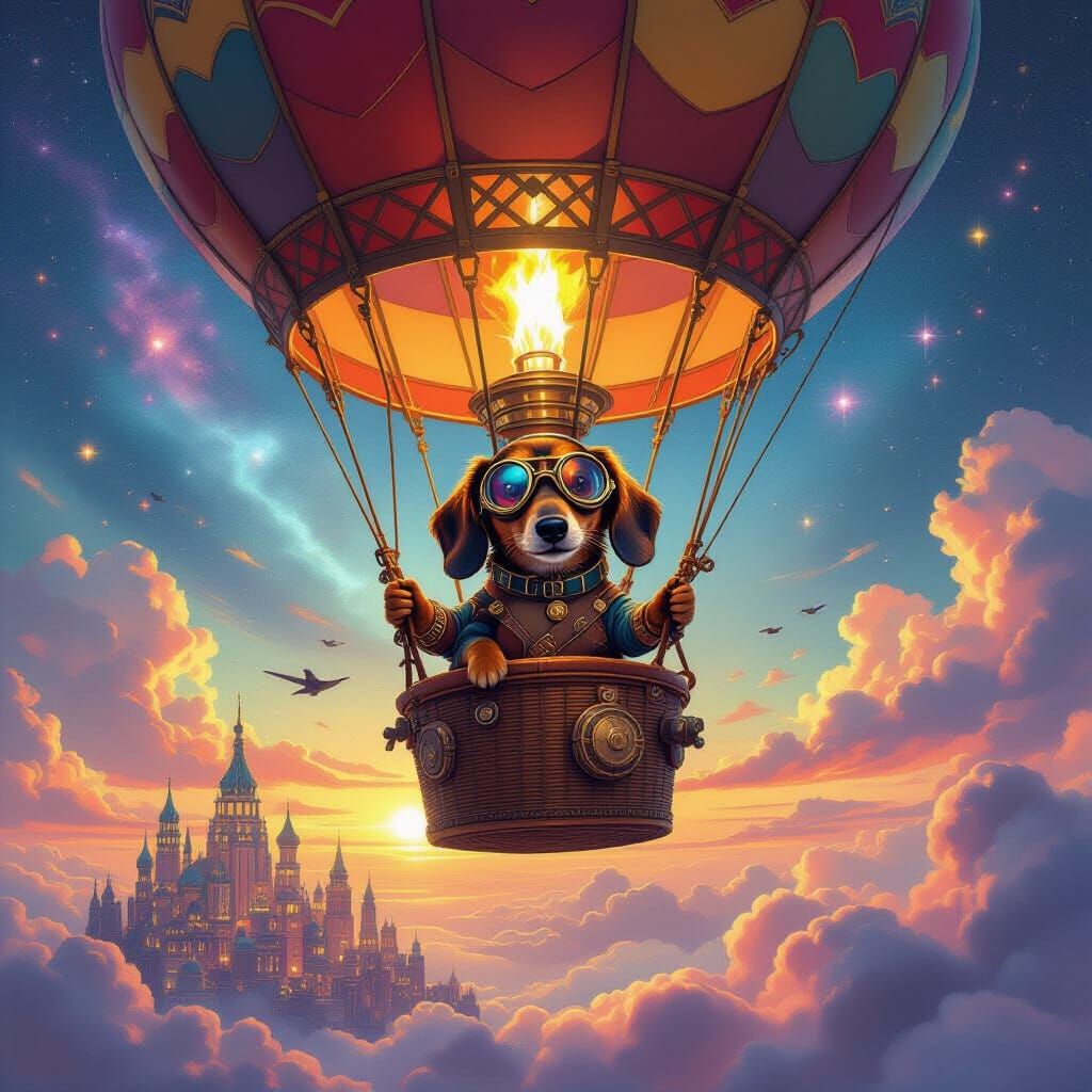 Steampunk Dachshund Aviator in Fabergé Balloon