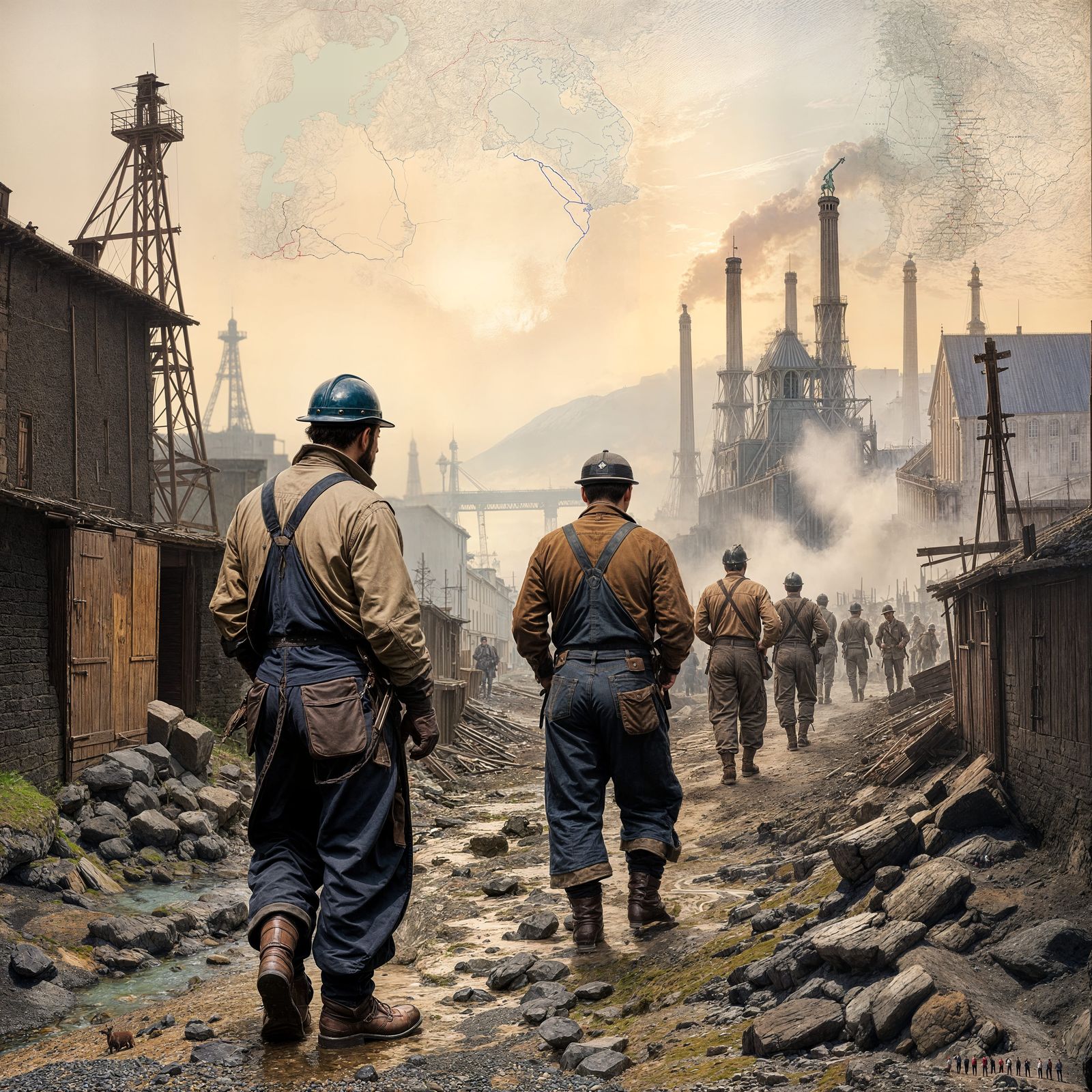 French Miners in Industrial Landscape, Courbet Style