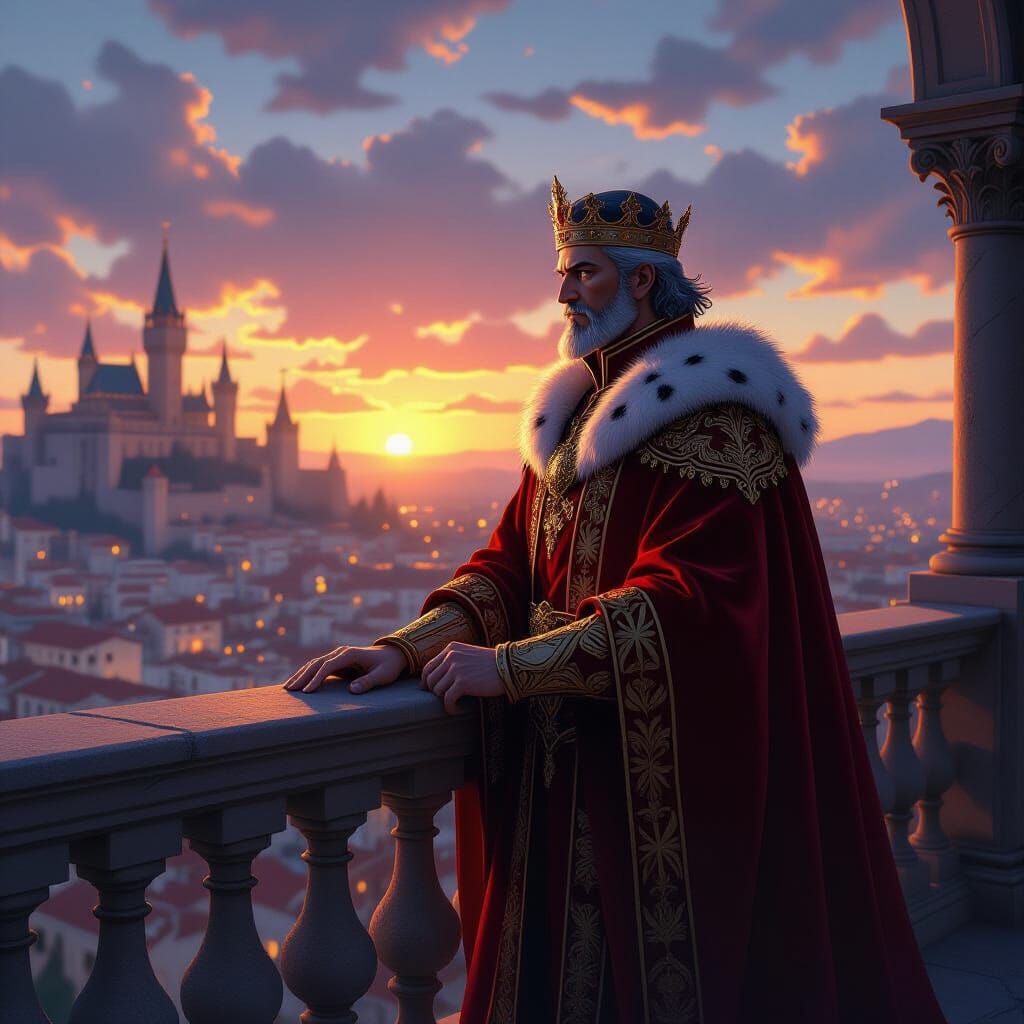 King Overlooking Medieval City at Sunset in Painterly Anime ...
