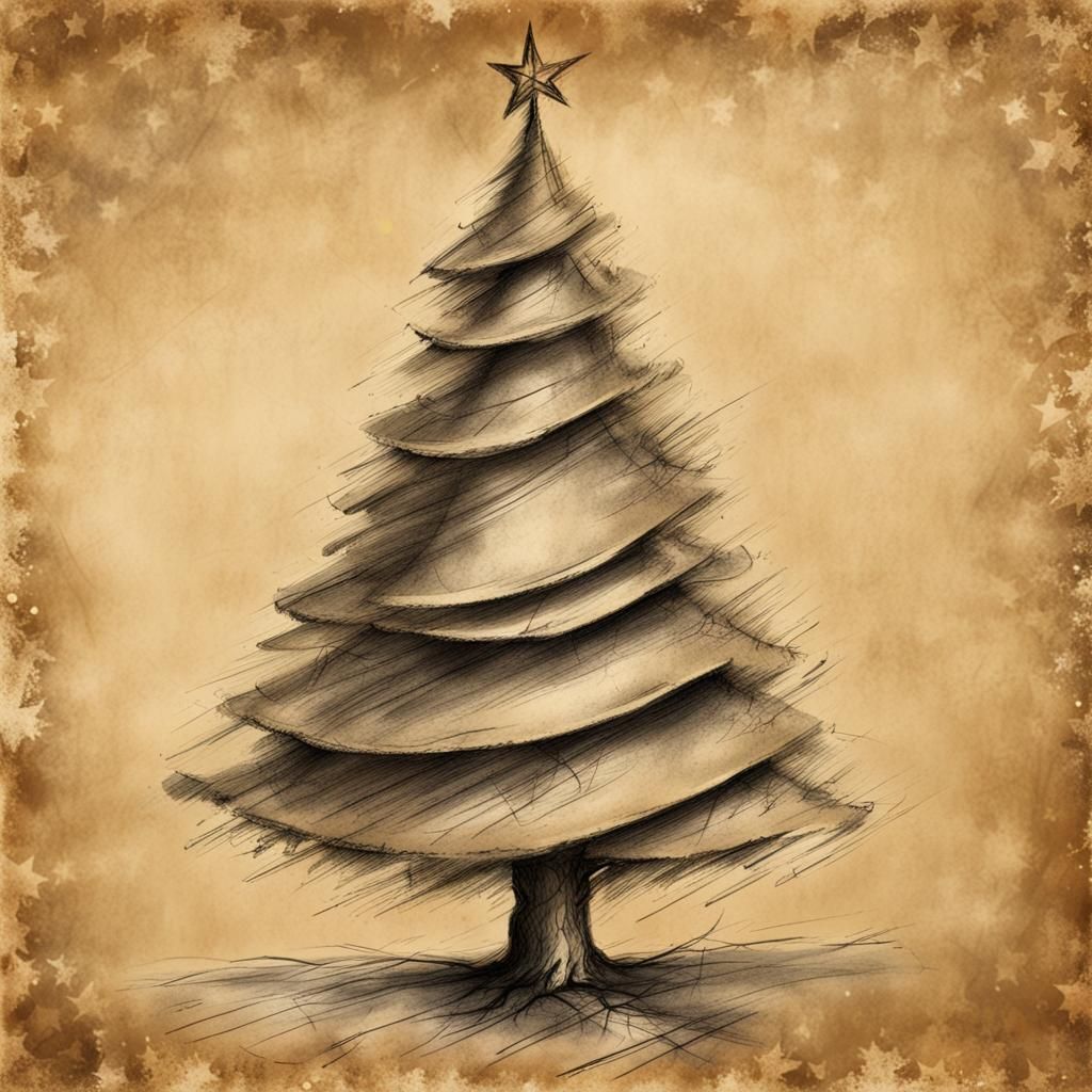 Rustic Christmas Tree Drawing on Old Paper