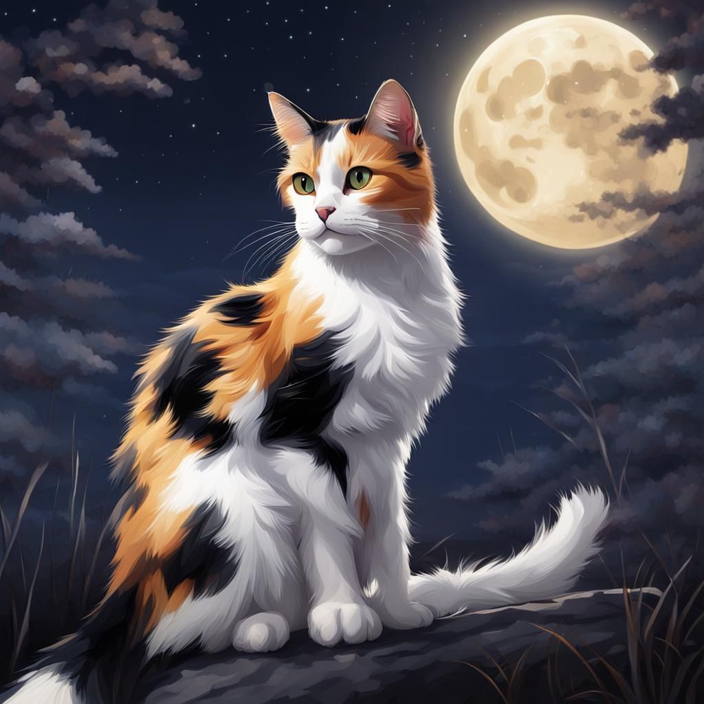 Calico Cat in Moonlight, Serene Feline Portrait