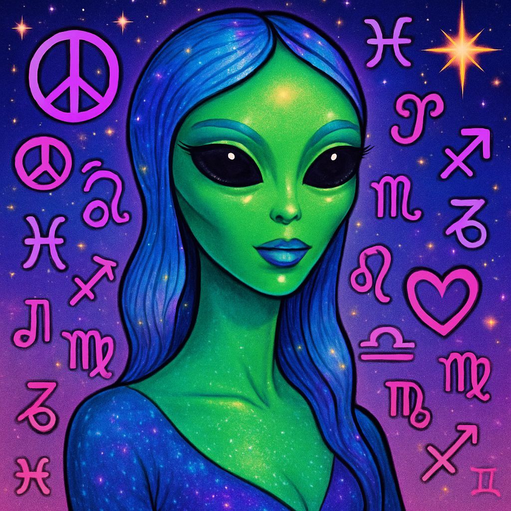 Dreamlike Alien Woman with Celestial Symbols