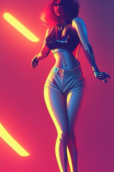 Sinister Android Pinup in Synthwave Neon Retro Style