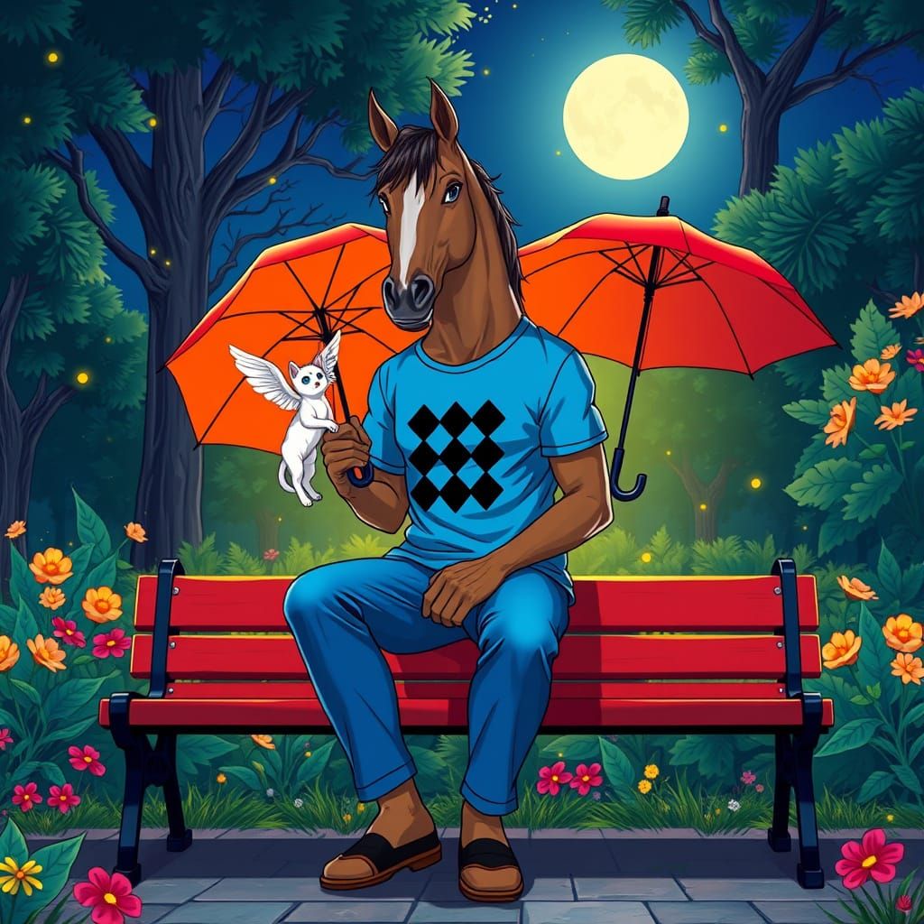 Fabulous Creature Sits Serenely in Anime-Style Night Park