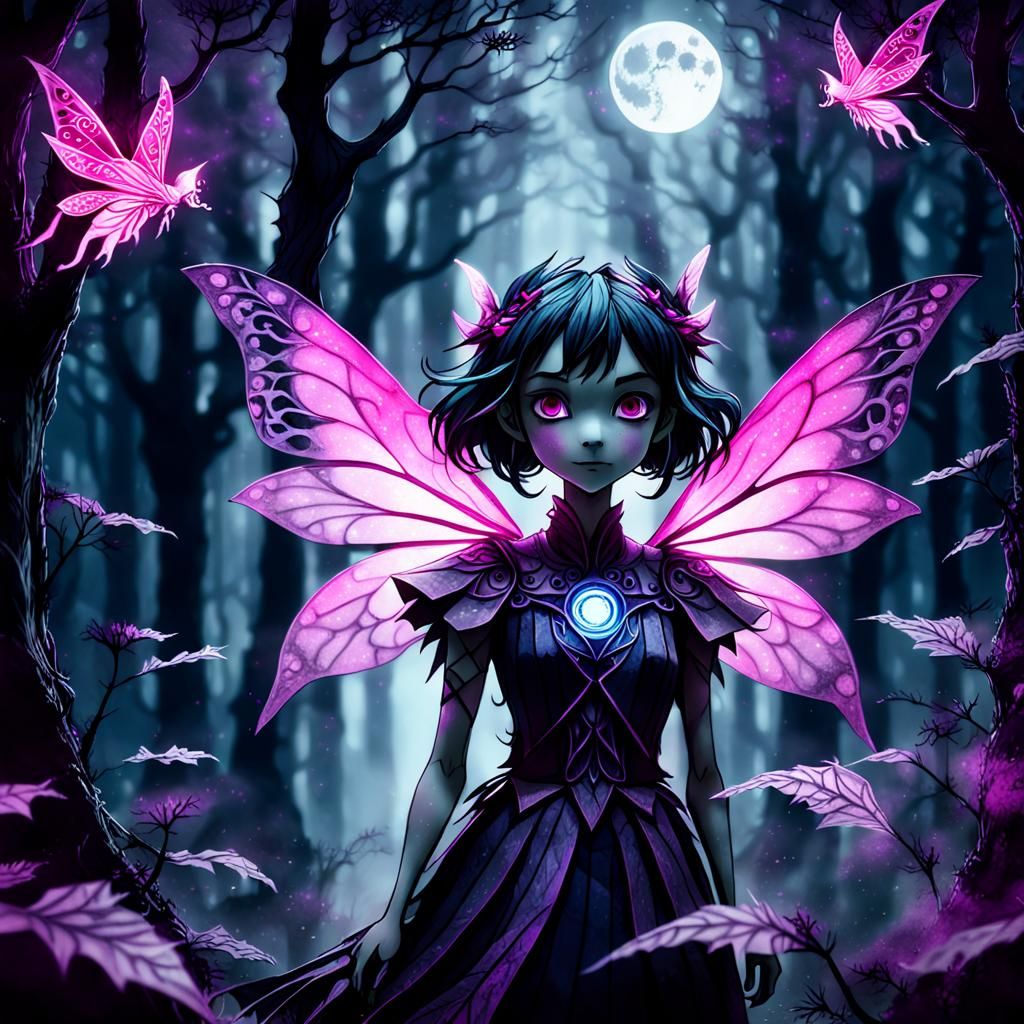 Magenta Winged Fairy in Dark Fantasy Anime Style