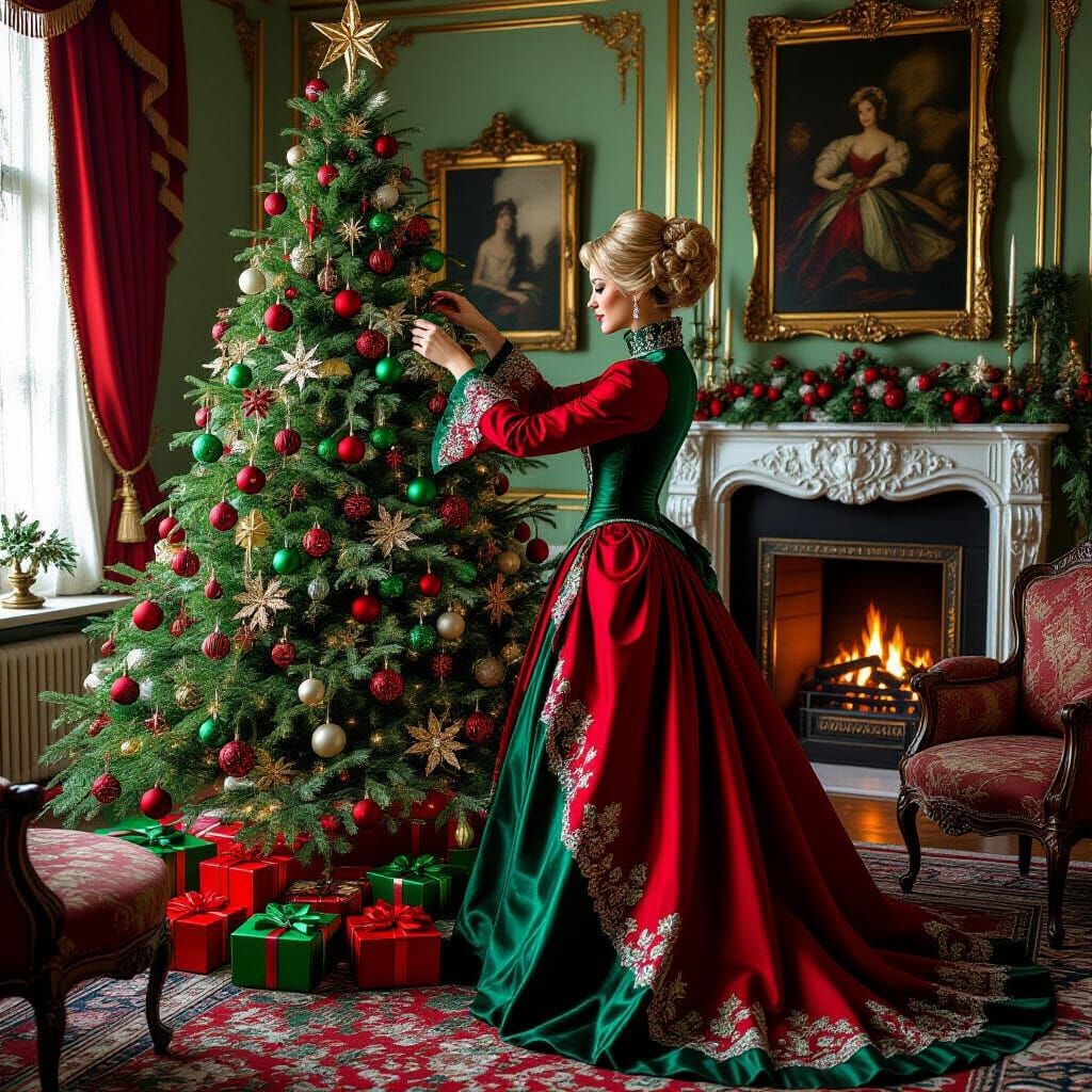 Victorian Woman Decorates Christmas Tree in Opulent Parlor