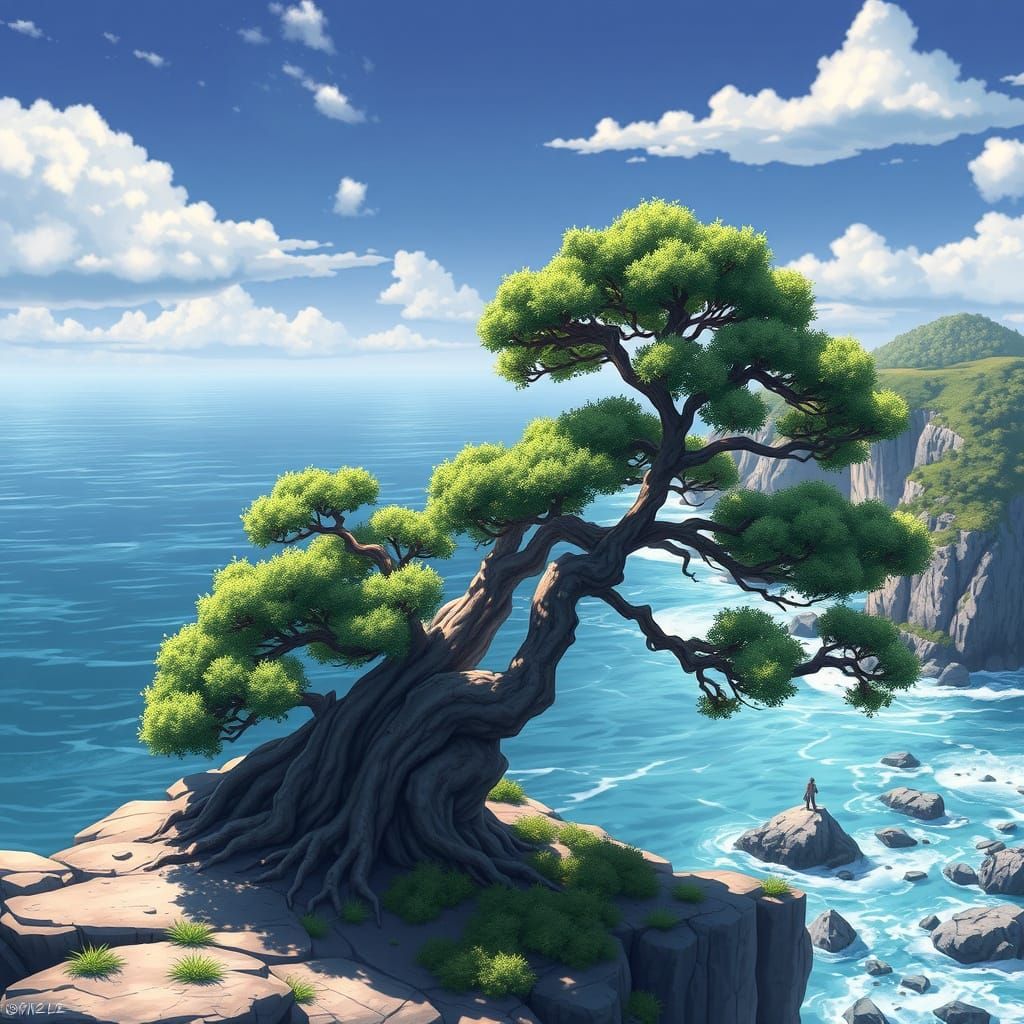 Surreal Anime Juniper Tree Stands Beside Ocean Ledge in Cine...
