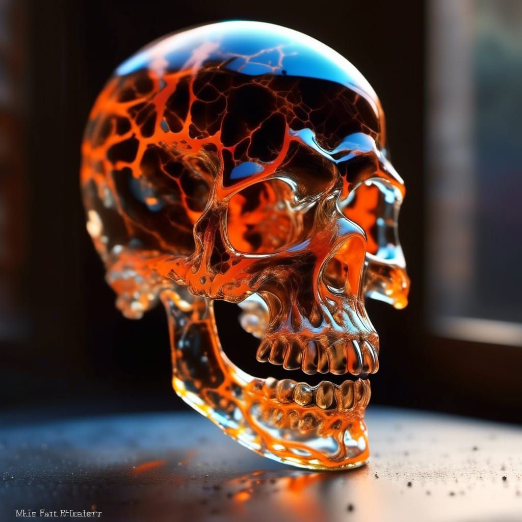 Miniature Ghost in Cracked Glass Skull with Neon Cracks