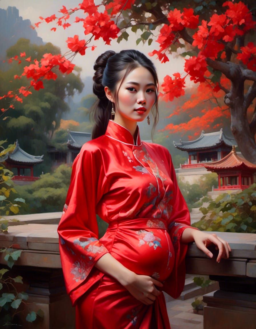 Pregnant Chinese Woman in Red Dress Portrait