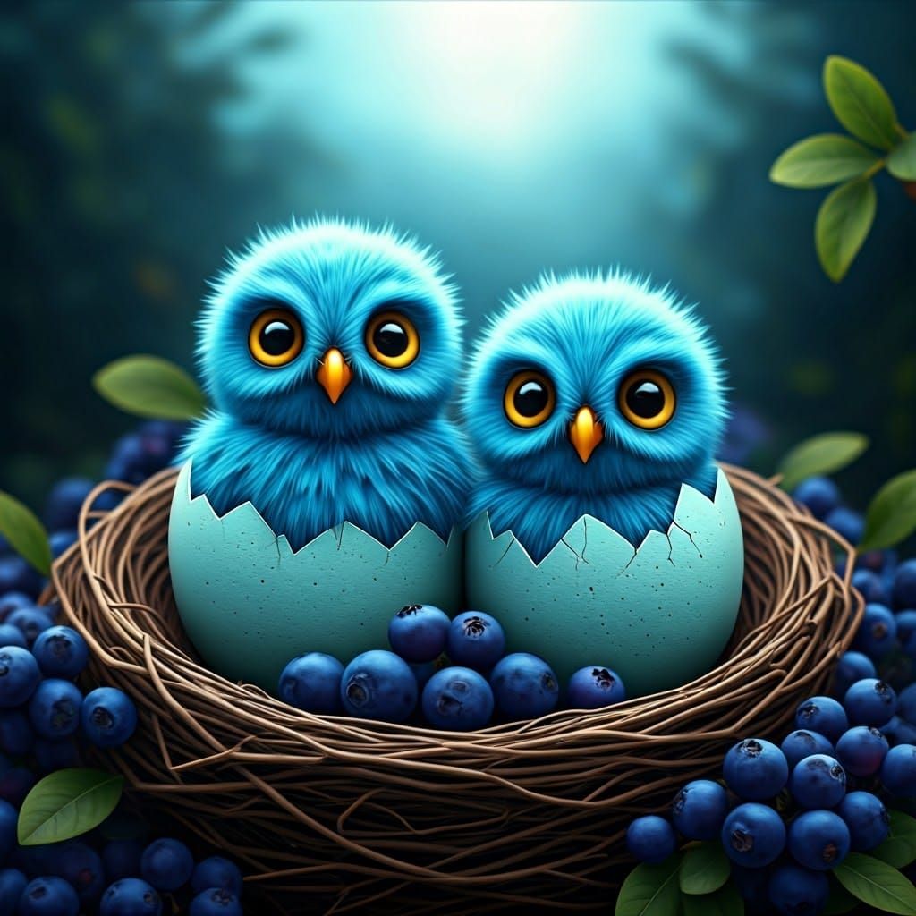 Fantasy Blue Owl Chicks in a Nest