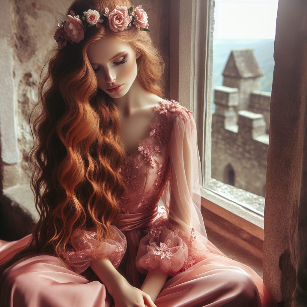 Young Woman in Tower Window Contemplating View