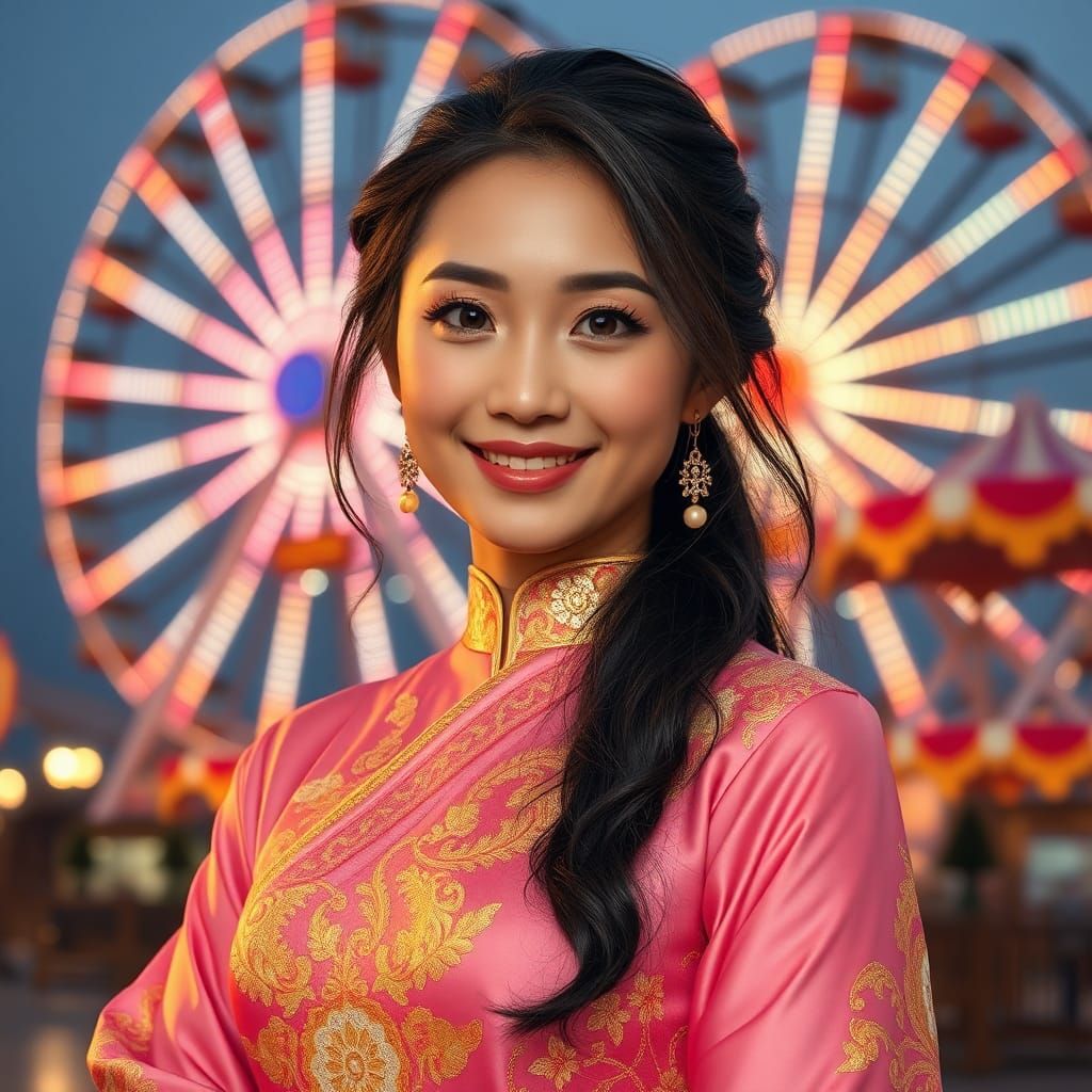 Chinese Woman in Traditional Thai Dress at Amusement Park