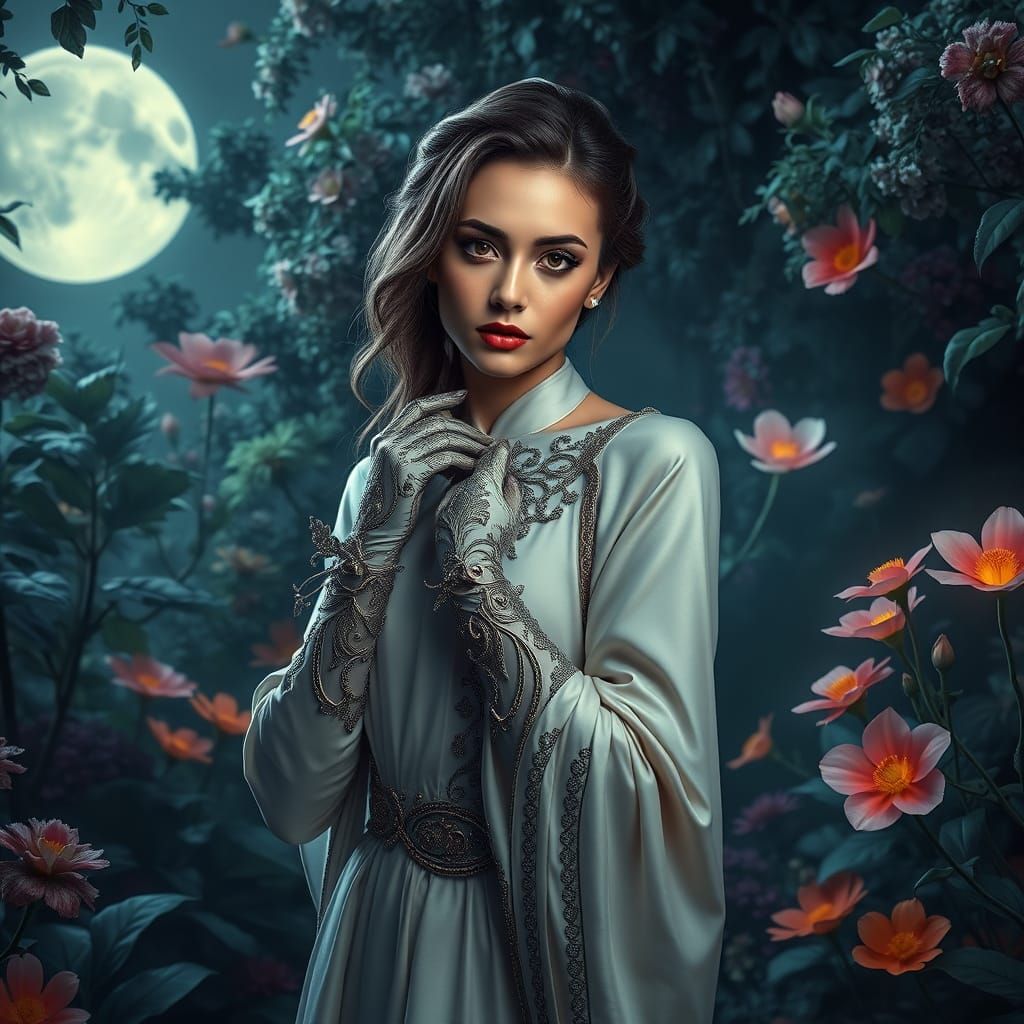 Woman in Moonlit Garden with Ethereal Flowers