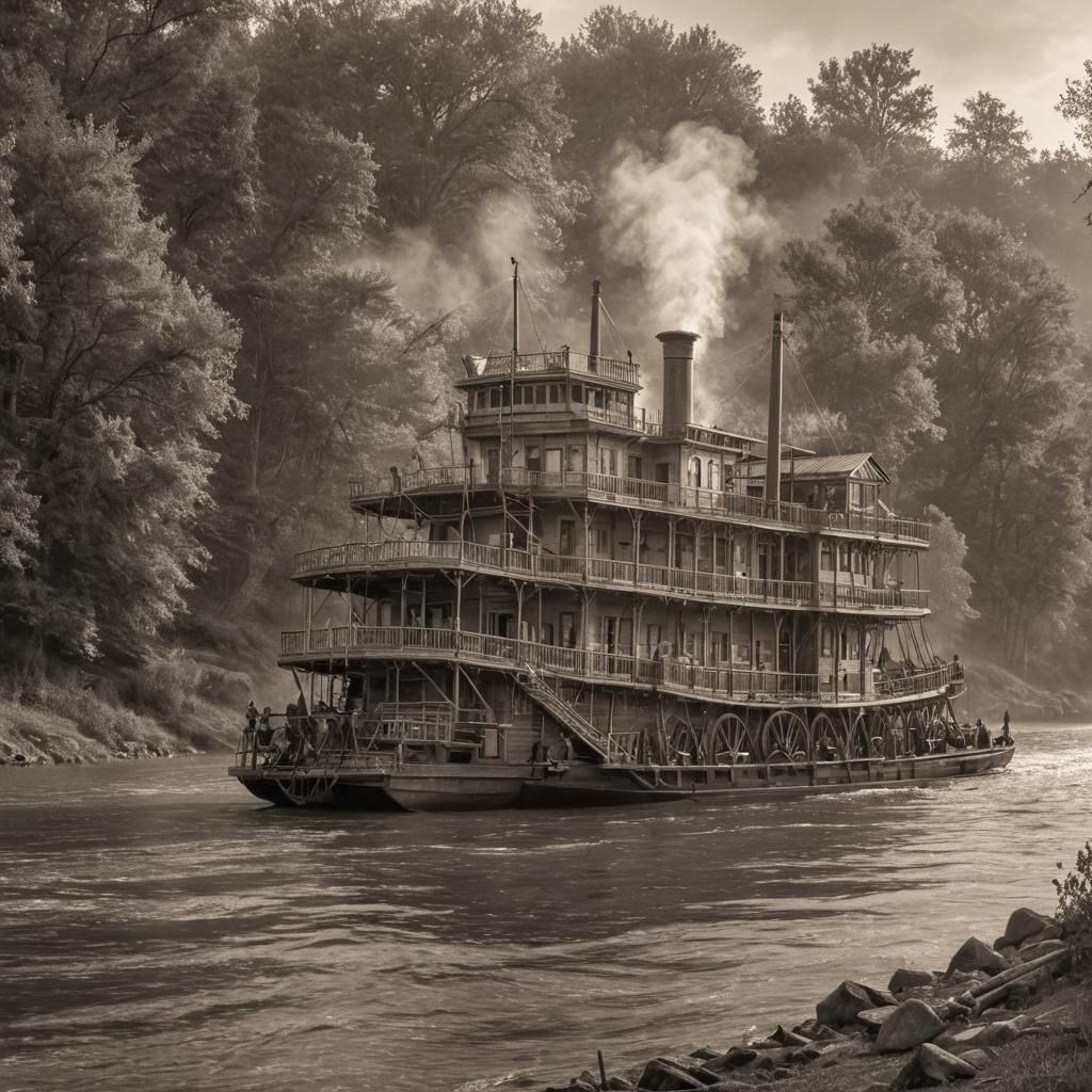 18th Century Steamboat: Hyperdetailed Charcoal Drawing