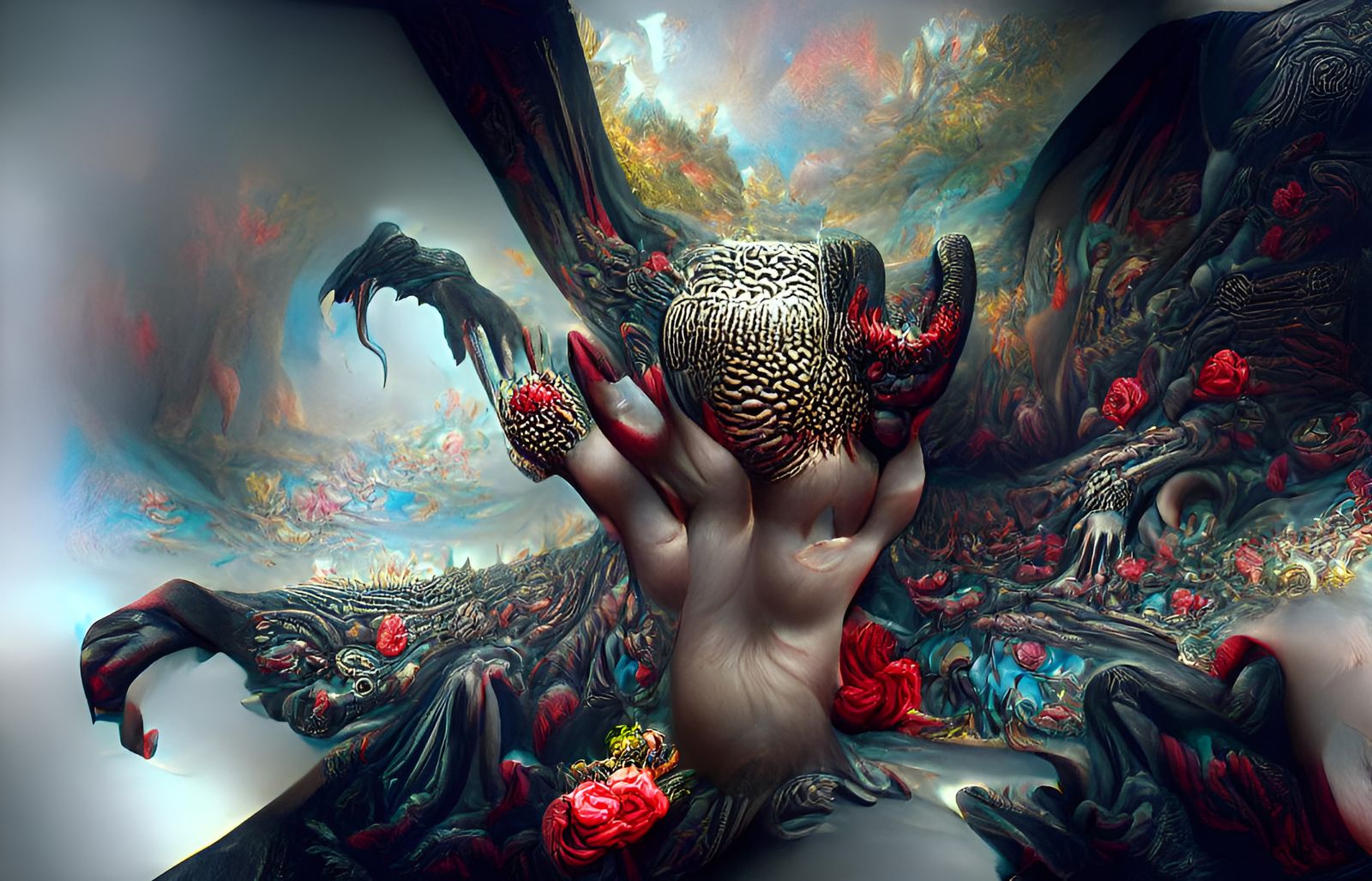 Devil's Hand with Flowers in Hyperreal Style
