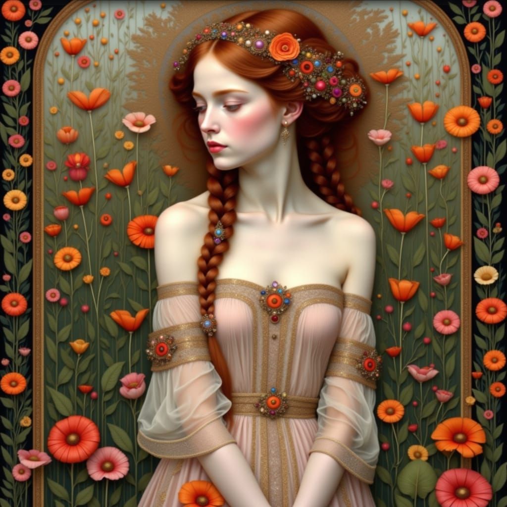 Sensual Folk Art Nouveau Portrait in Vibrant Floral Garden