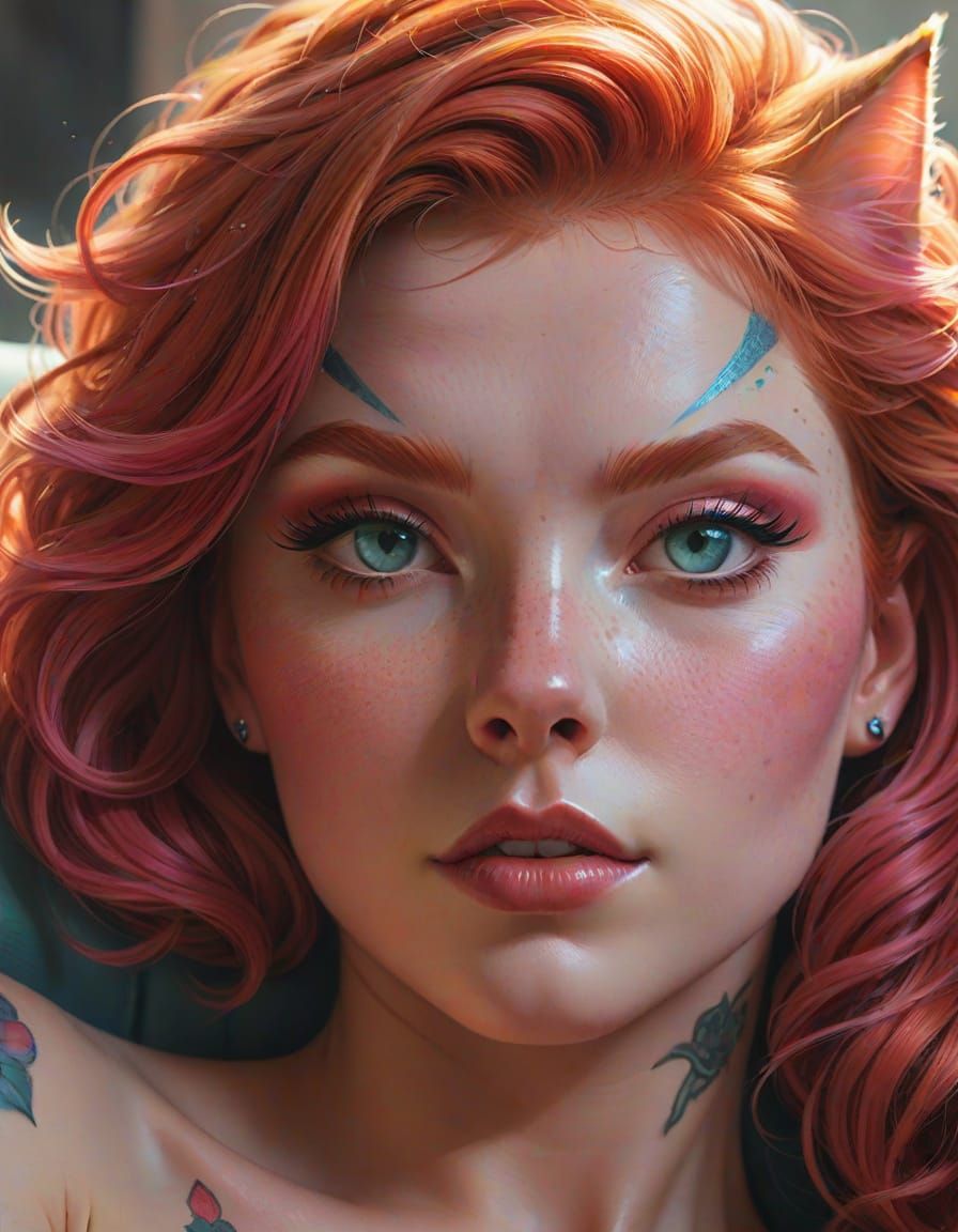 Hyperrealistic Redhead Cat Woman in Splash Art Style