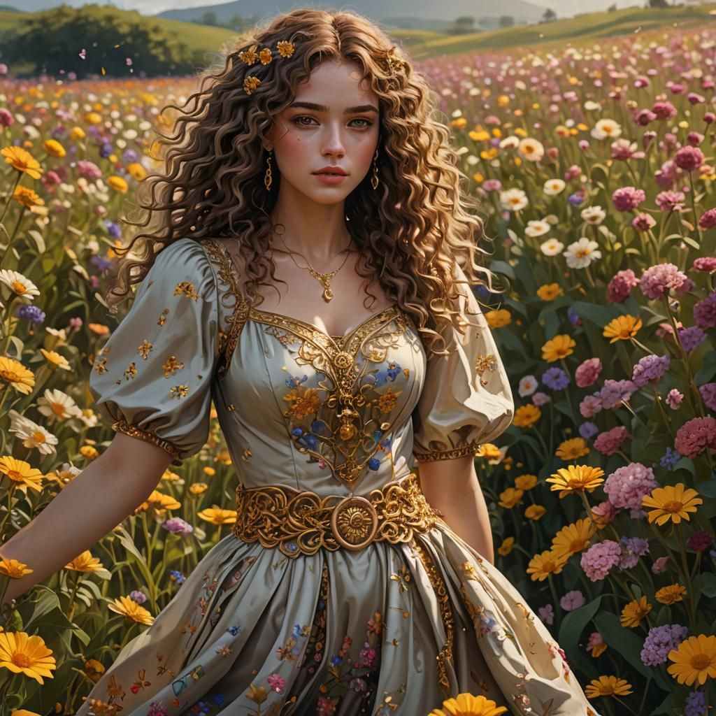 A girl with curly brown hair and golden eyes she has a flowi...