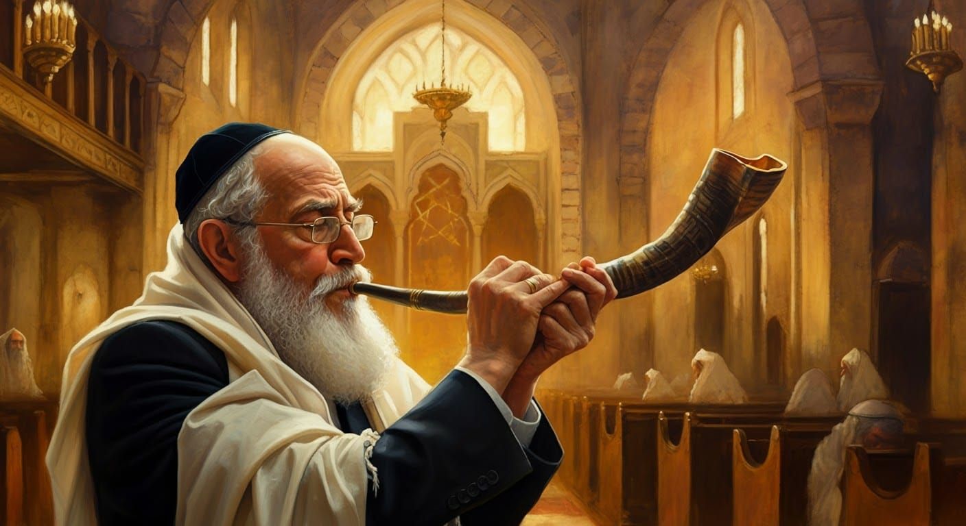 Jewish Man Blowing Shofar in Synagogue Art